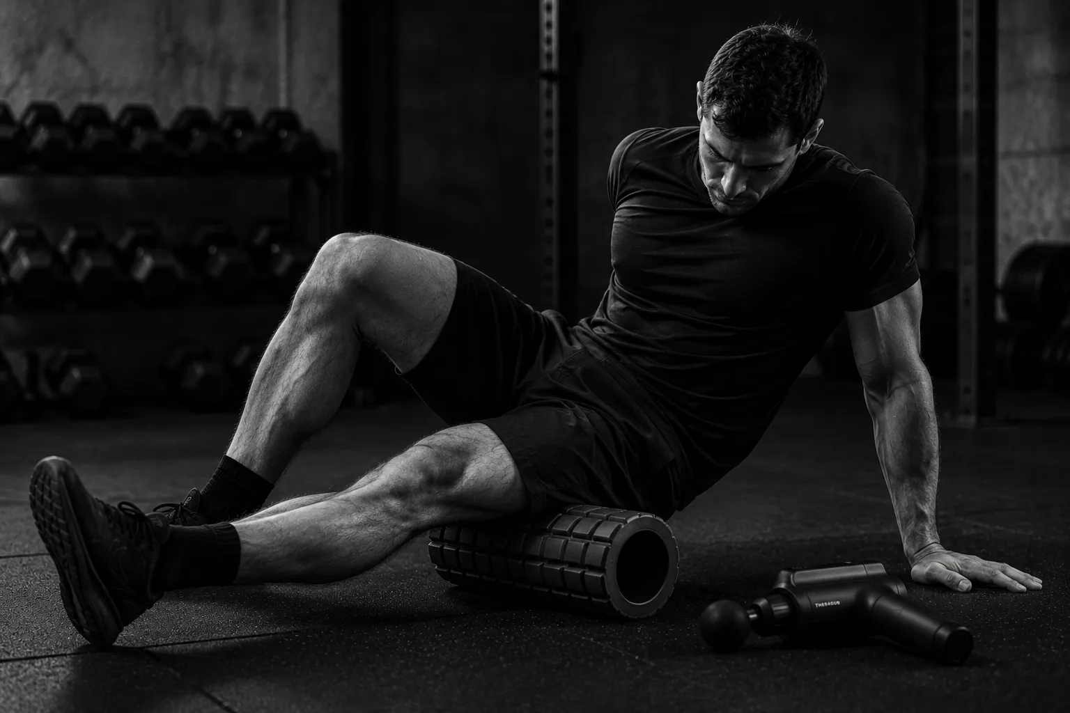 Recovery equipment including massage gun, foam roller, mat, resistance bands and headphones